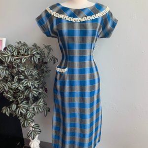 1950s Blue & Gray Metallic Plaid Wiggle Dress